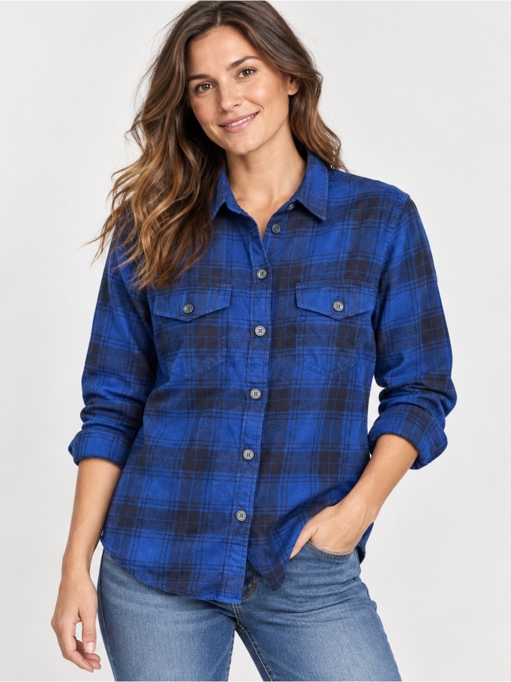 Tilley Endurables Flannel Shirt Womens Medium Button Down Long SLeeve Blue Plaid